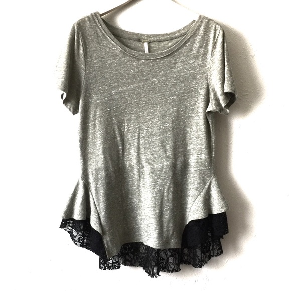 Free People Tops - Free People Gray Black Lace Trim Peplum Tee Small